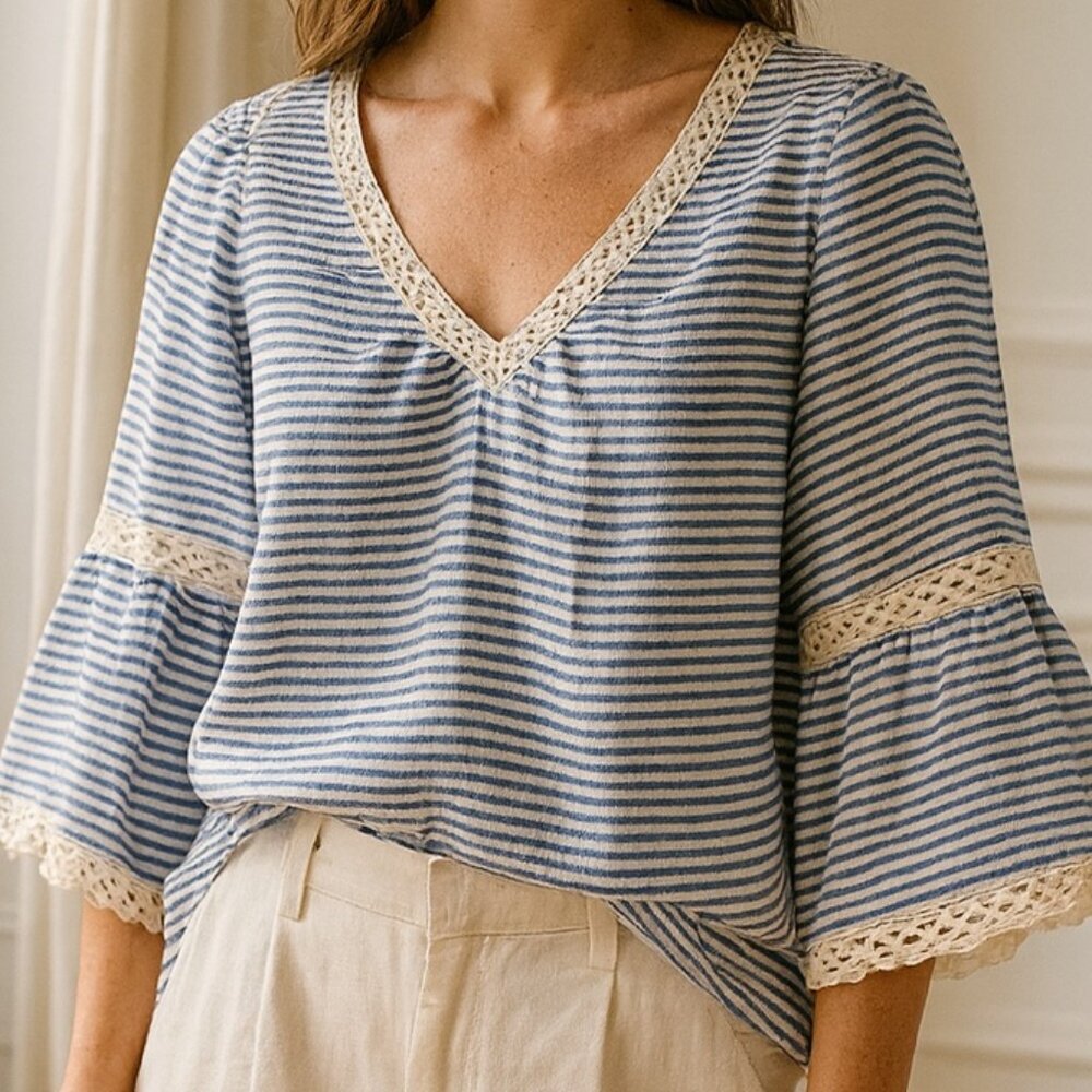 Chico's Blue Stripe Linen Pop over Cottagecore Top 1